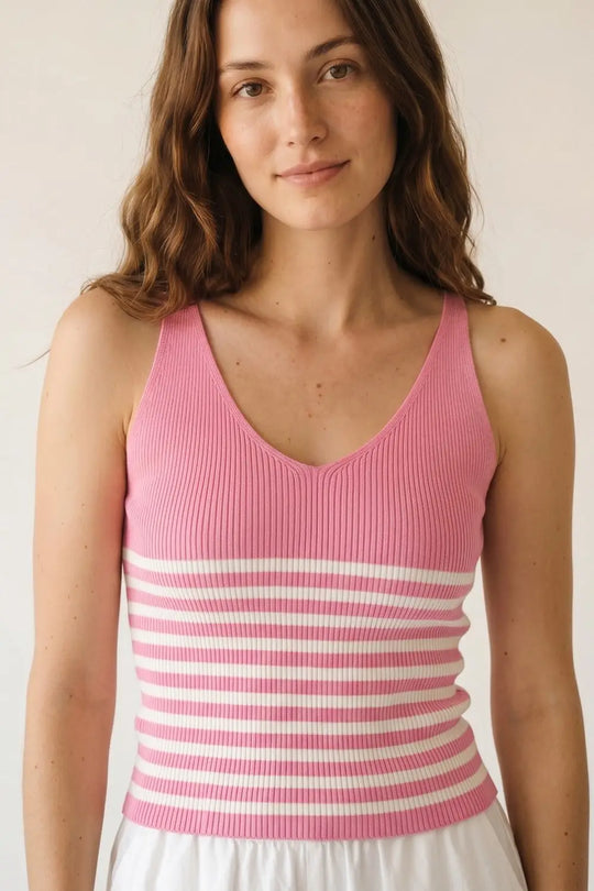 Pink White Stripe Ribbed Knit V-Neck Cropped Tank Top - One Size / Pink