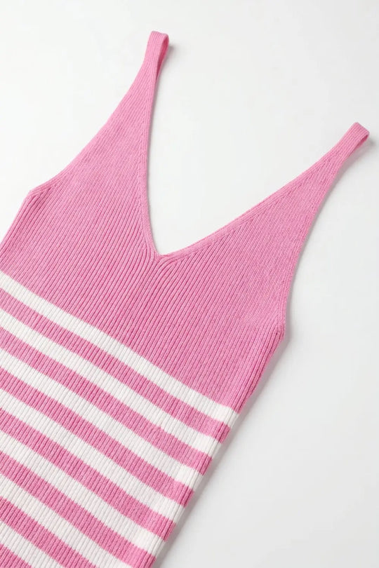 Pink White Stripe Ribbed Knit V-Neck Cropped Tank Top - One Size / Pink