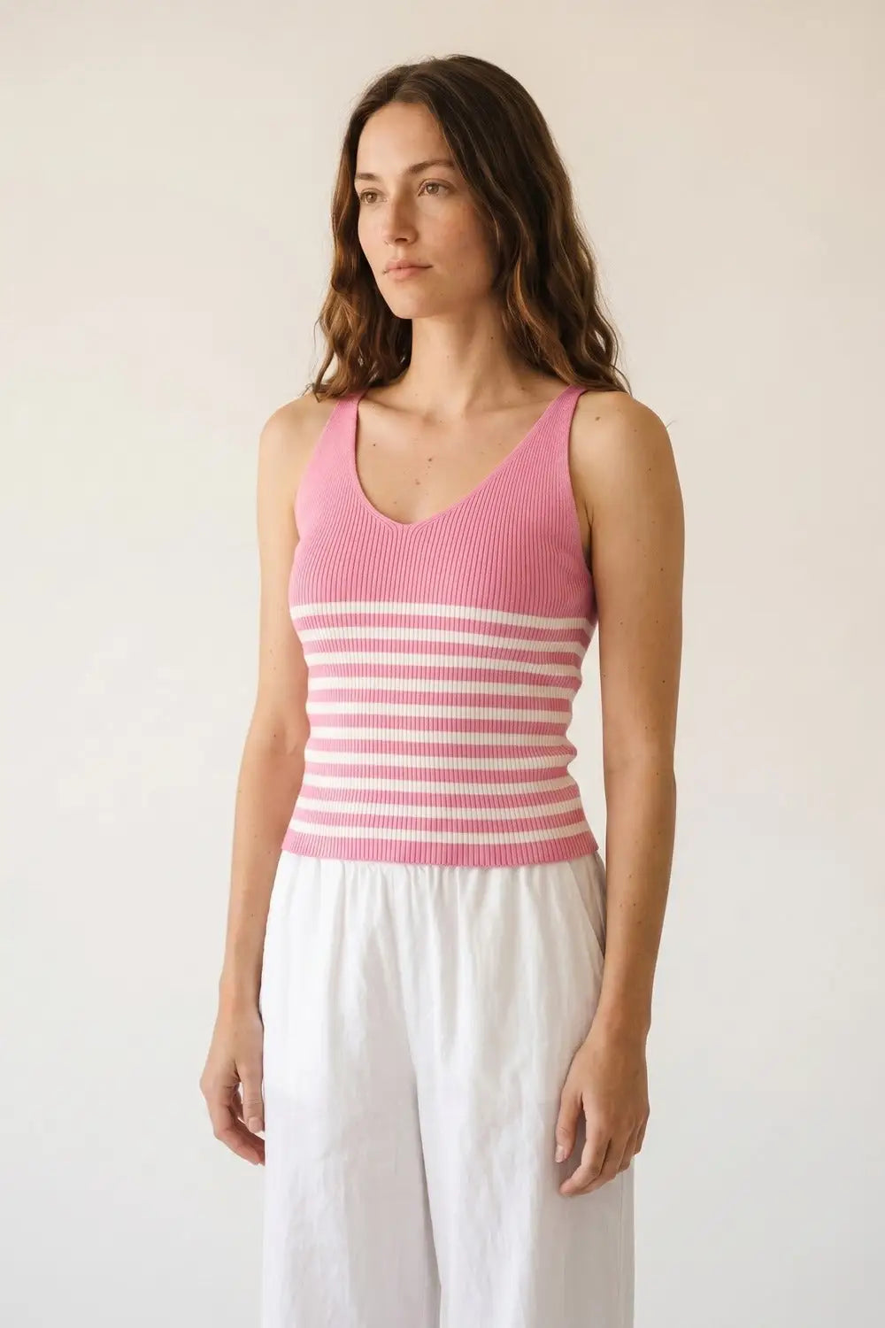Pink White Stripe Ribbed Knit V-Neck Cropped Tank Top - One Size / Pink