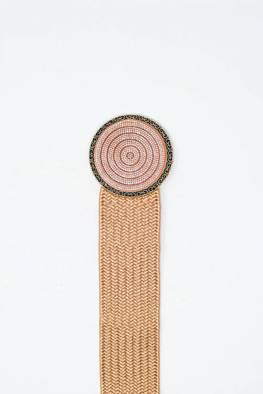 Pink woven belt with round buckle with rhinestones - One Size / Beige - Accesory