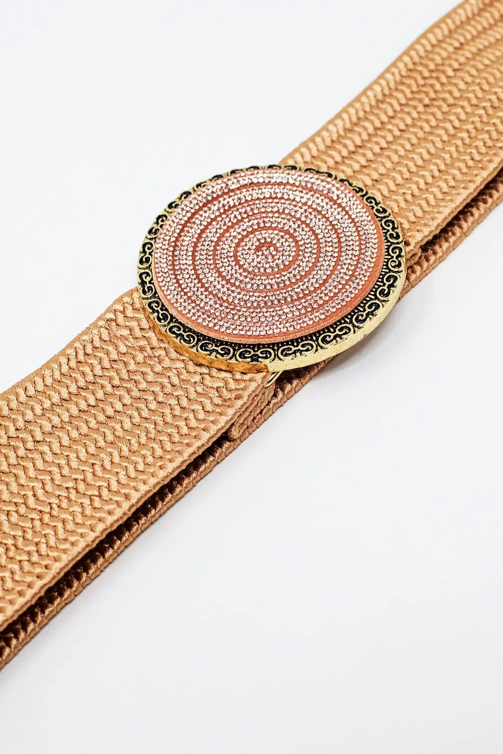 Pink woven belt with round buckle with rhinestones - One Size / Beige - Accesory