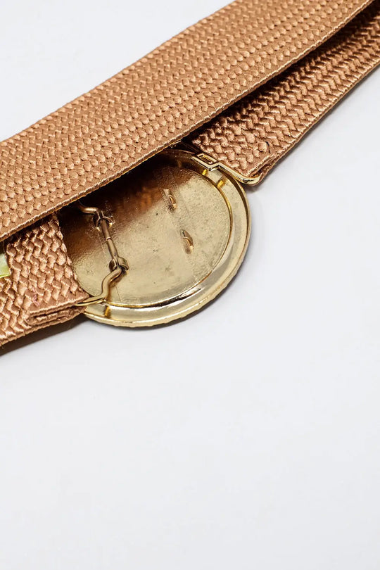 Pink woven belt with round buckle with rhinestones - One Size / Beige - Accesory