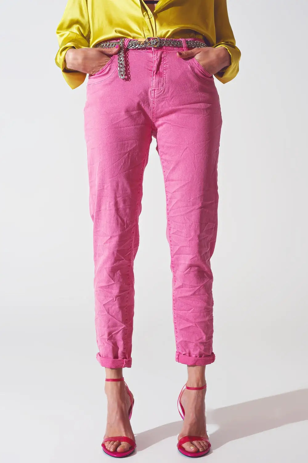 Pink Wrinkled Skinny Jeans - Jeans