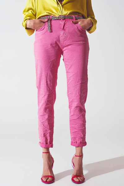 Pink Wrinkled Skinny Jeans - Jeans