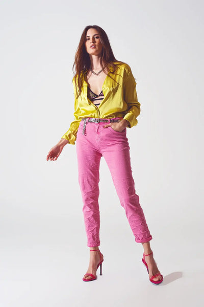 Pink Wrinkled Skinny Jeans - Jeans