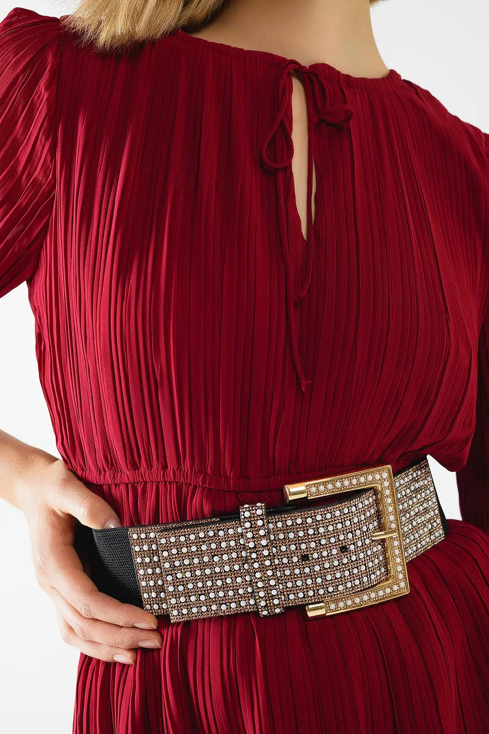 Pleated Chiffon Dress in Burgundy - Dresses