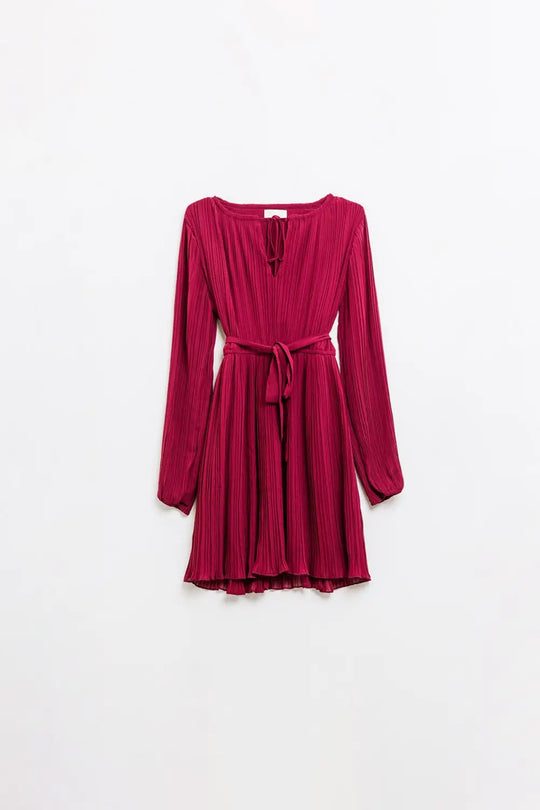Pleated Chiffon Dress in Burgundy - Dresses