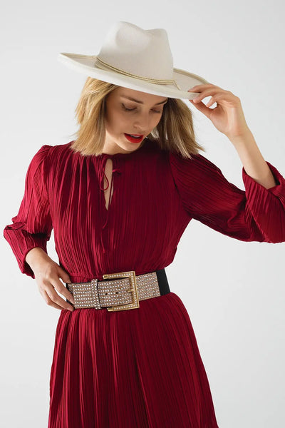 Pleated Chiffon Dress in Burgundy - Dresses