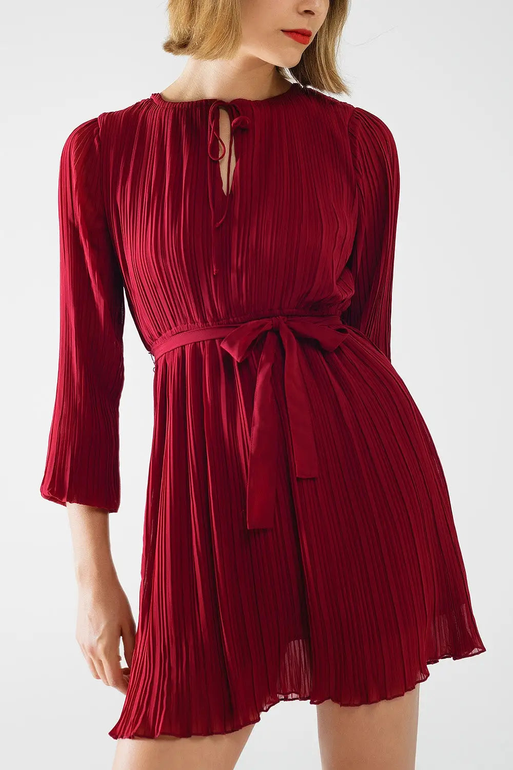 Pleated Chiffon Dress in Burgundy - Dresses