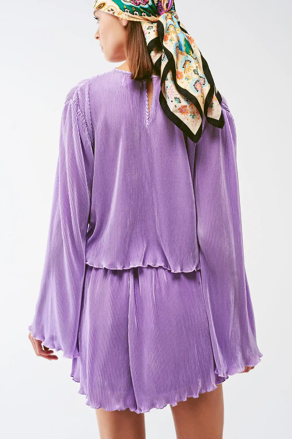 Pleated Round Neck Crop Top in lilac - Tops