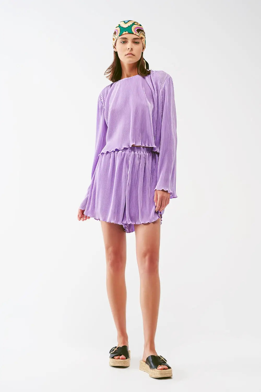 Pleated Round Neck Crop Top in lilac - Tops