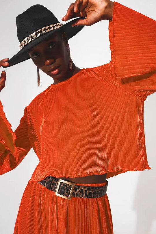 Pleated round neck crop top in orange - Tops