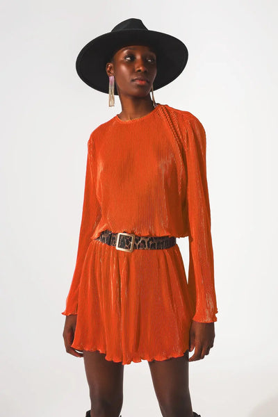 Pleated round neck crop top in orange - Tops