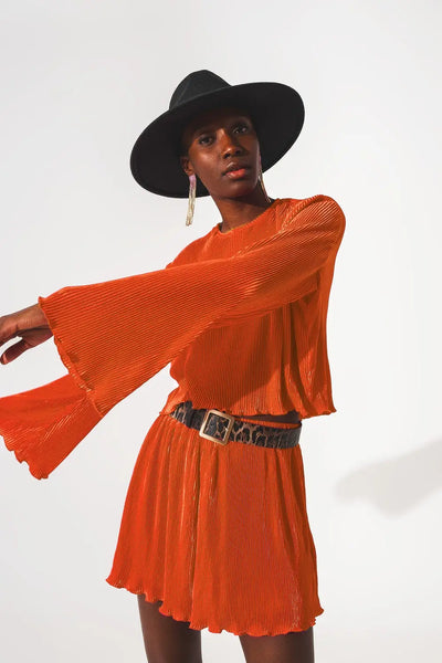 Pleated round neck crop top in orange - Tops