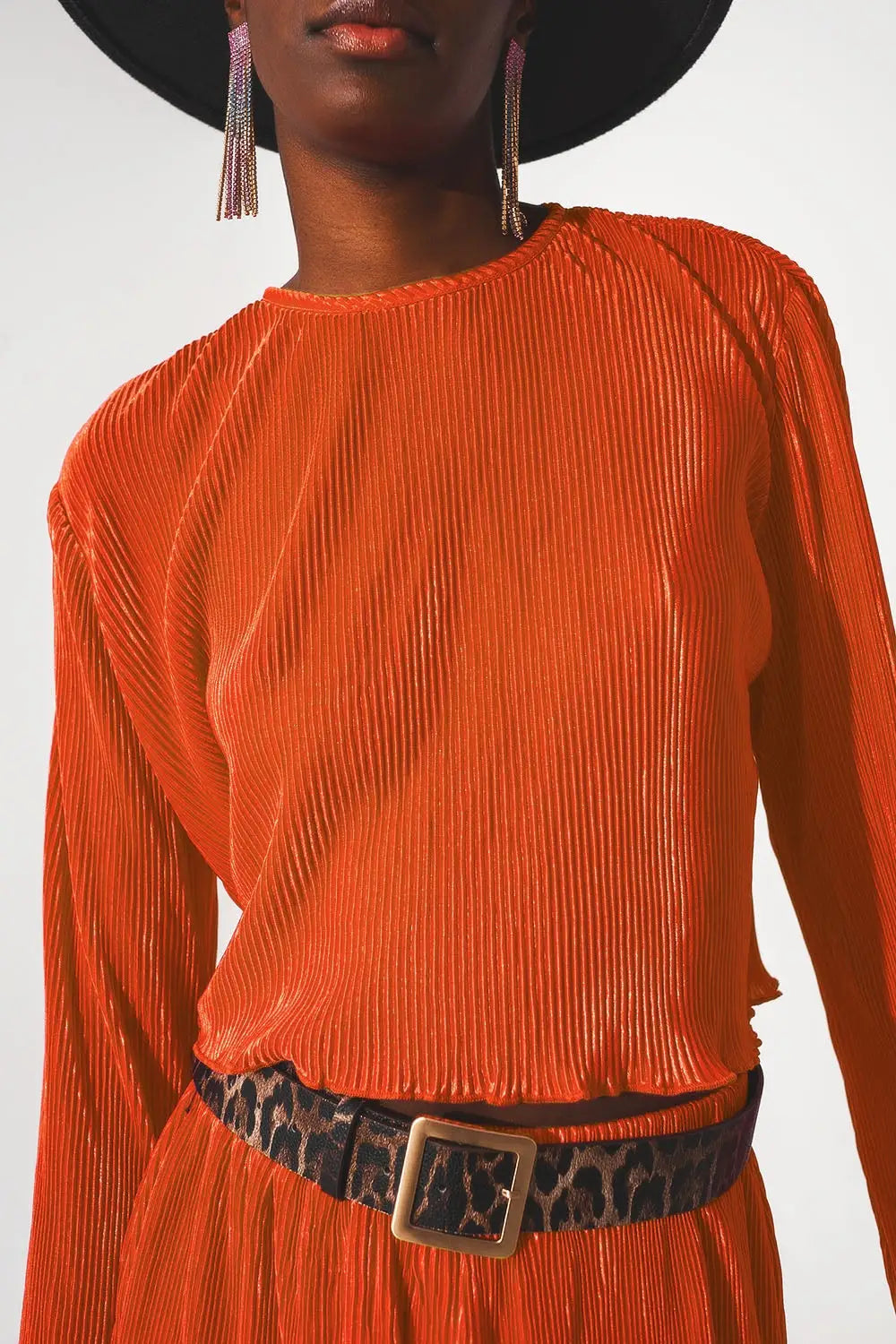 Pleated round neck crop top in orange - Tops