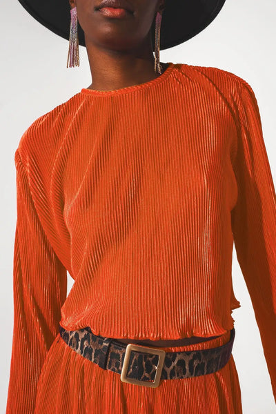 Pleated round neck crop top in orange - Tops