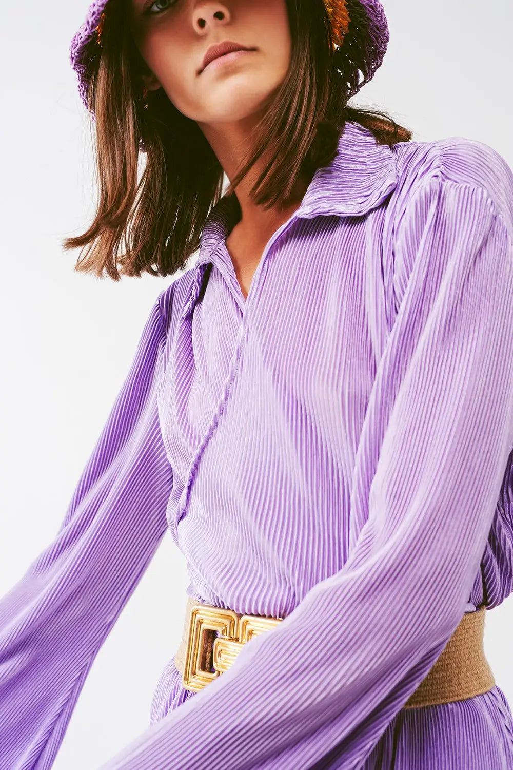 Pleated Satin Wrap Top in lilac - Tops