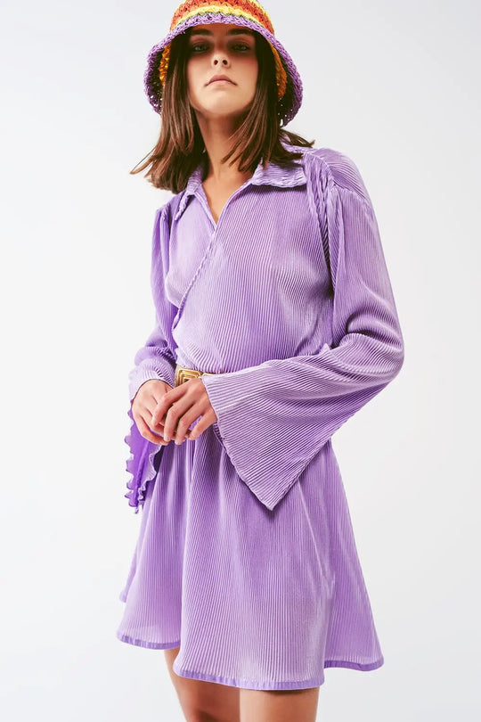 Pleated Satin Wrap Top in lilac - Tops