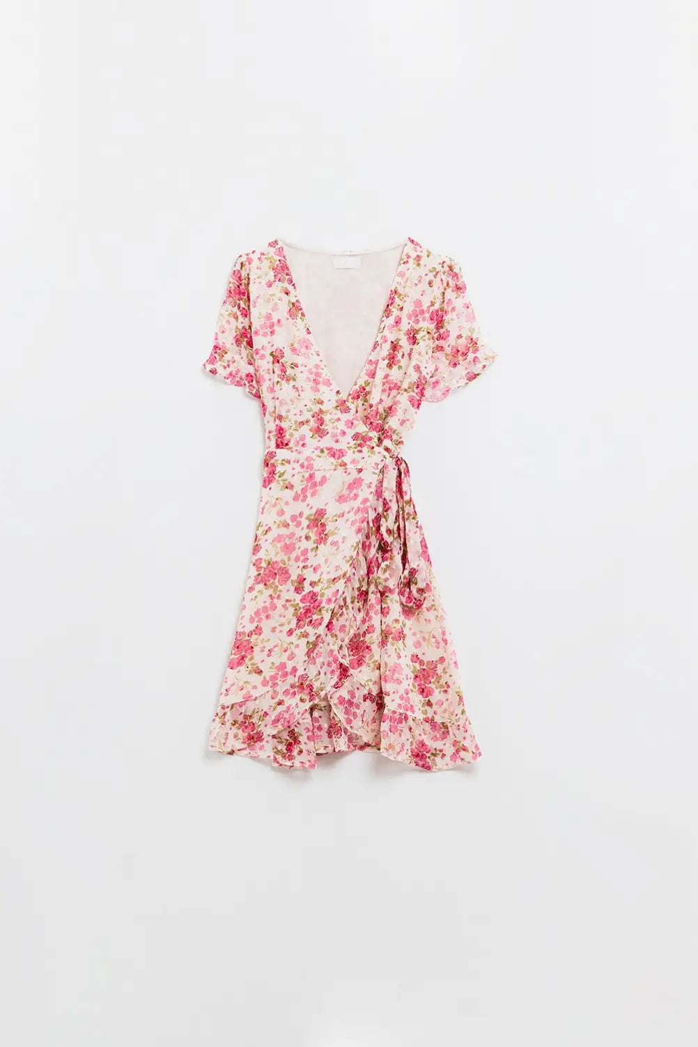 Plumetti Short Wrap Dress in Pink Floral Print - Dresses