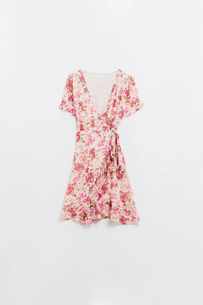 Plumetti Short Wrap Dress in Pink Floral Print - Dresses