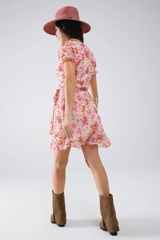Plumetti Short Wrap Dress in Pink Floral Print - Dresses
