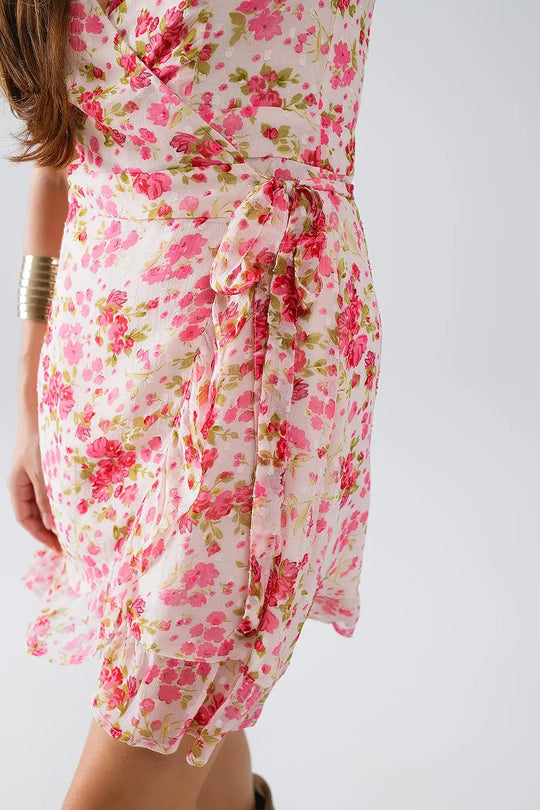 Plumetti Short Wrap Dress in Pink Floral Print - Dresses