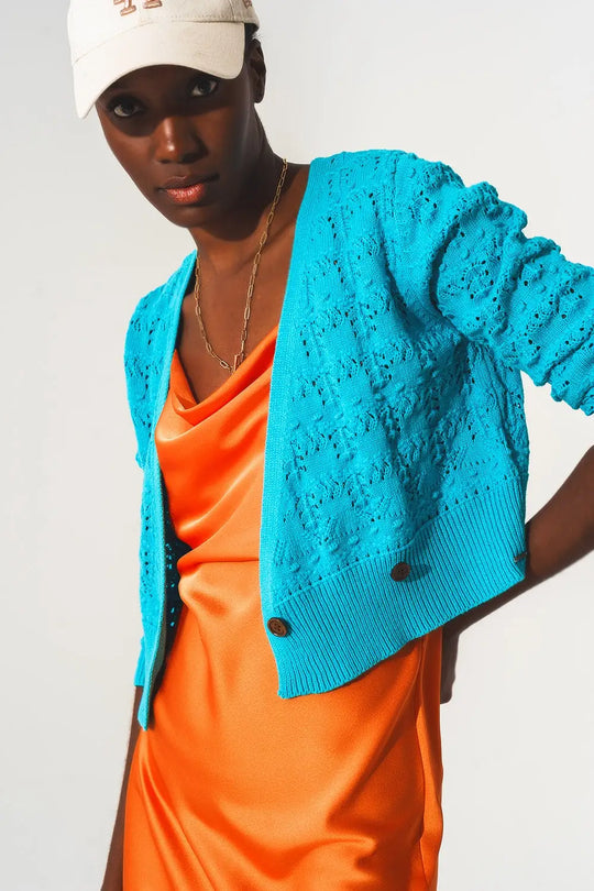 Pointelle knitted cardi in blue - Sweaters
