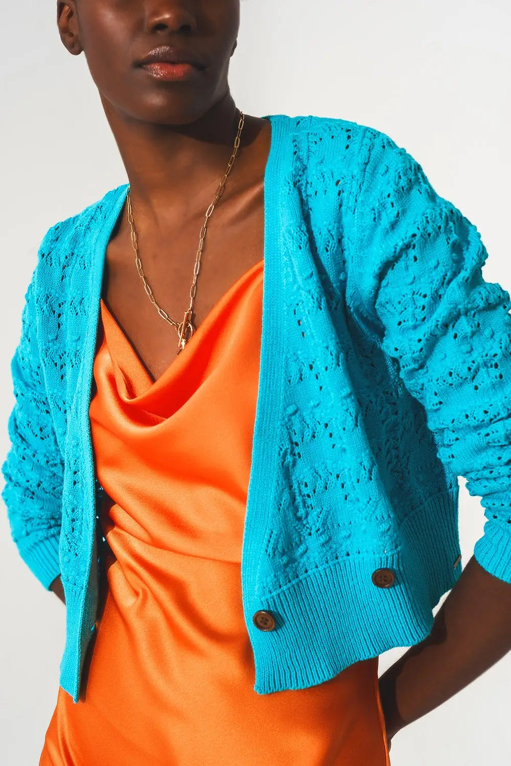 Pointelle knitted cardi in blue - Sweaters