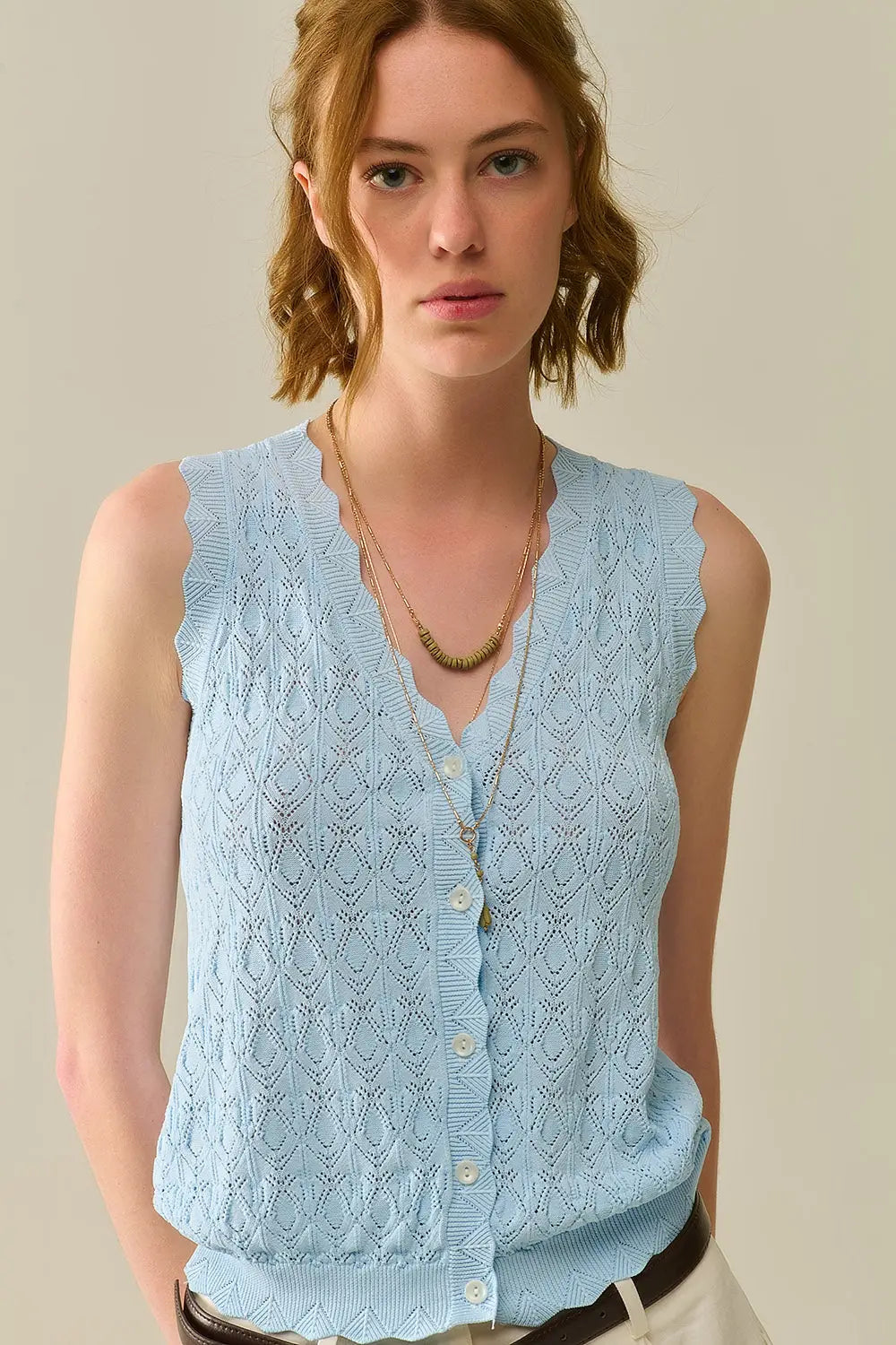 Q2 Pointelle Knitted Vest With Scalloped Edges in Baby Blue