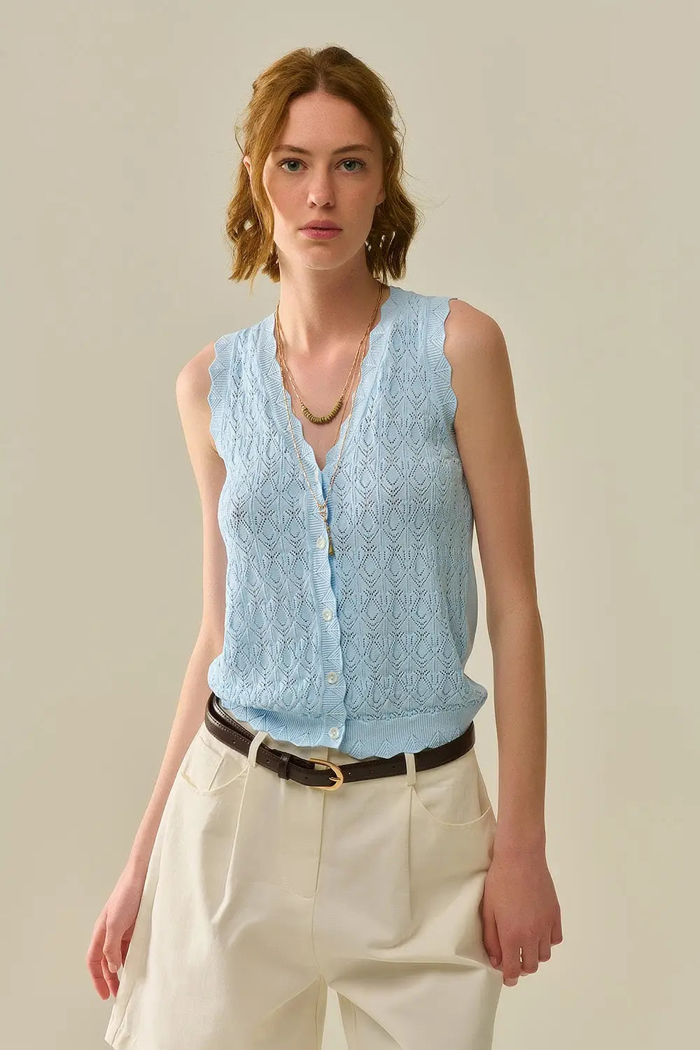 Pointelle Knitted Vest With Scalloped Edges in Baby Blue - One Size / Blue - Sweaters