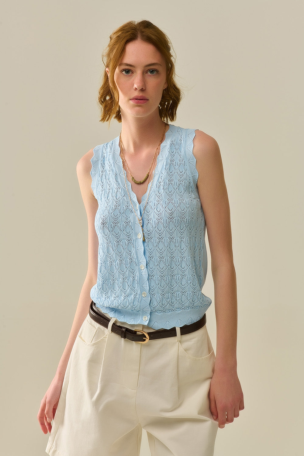 Pointelle Knitted Vest With Scalloped Edges in Baby Blue