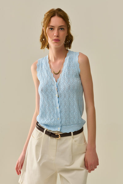 Pointelle Knitted Vest With Scalloped Edges in Baby Blue