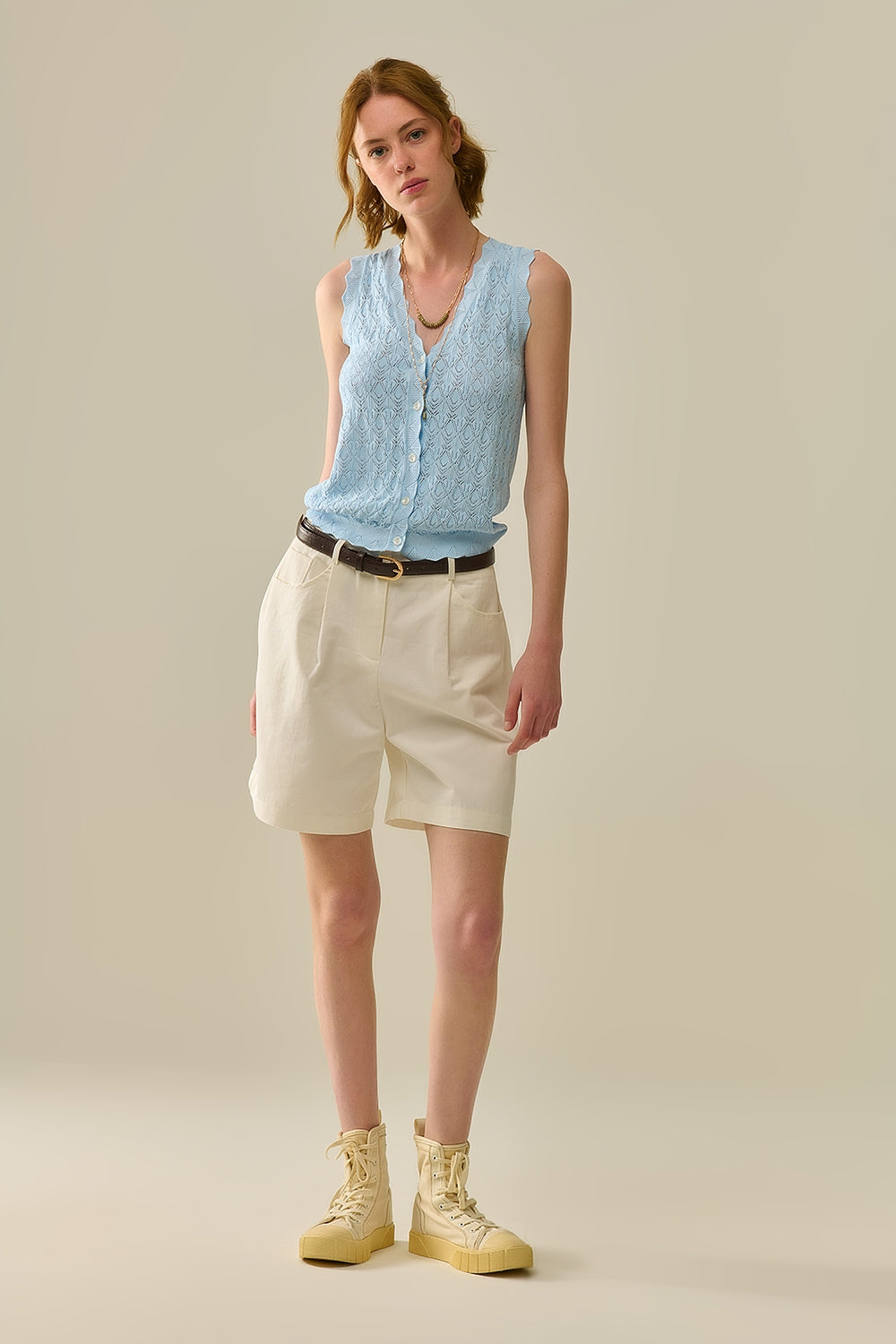 Pointelle Knitted Vest With Scalloped Edges in Baby Blue
