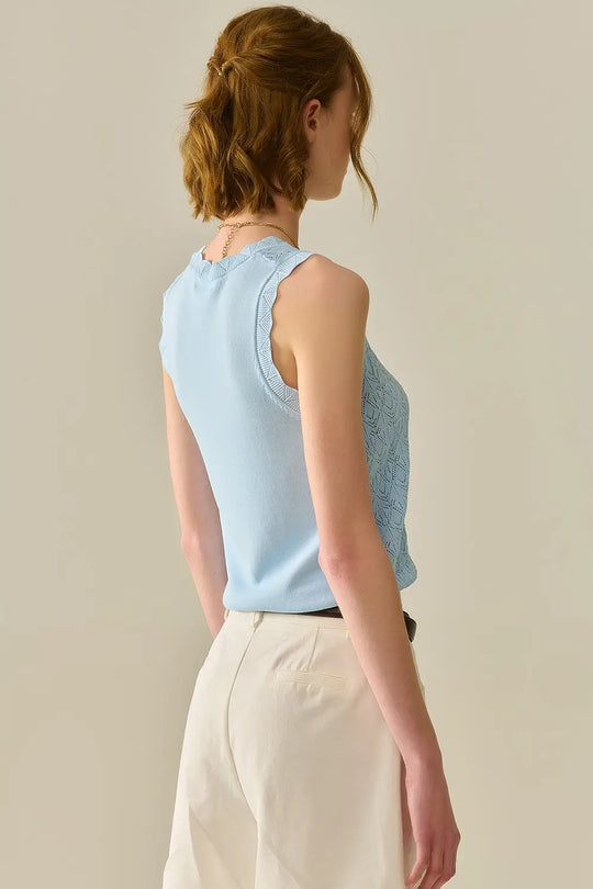 Pointelle Knitted Vest With Scalloped Edges in Baby Blue - One Size / Blue - Sweaters