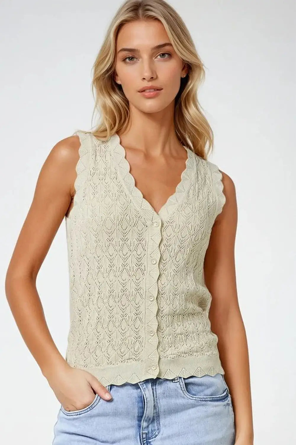 Q2 Pointelle Knitted Vest With Scalloped Edges in Beige
