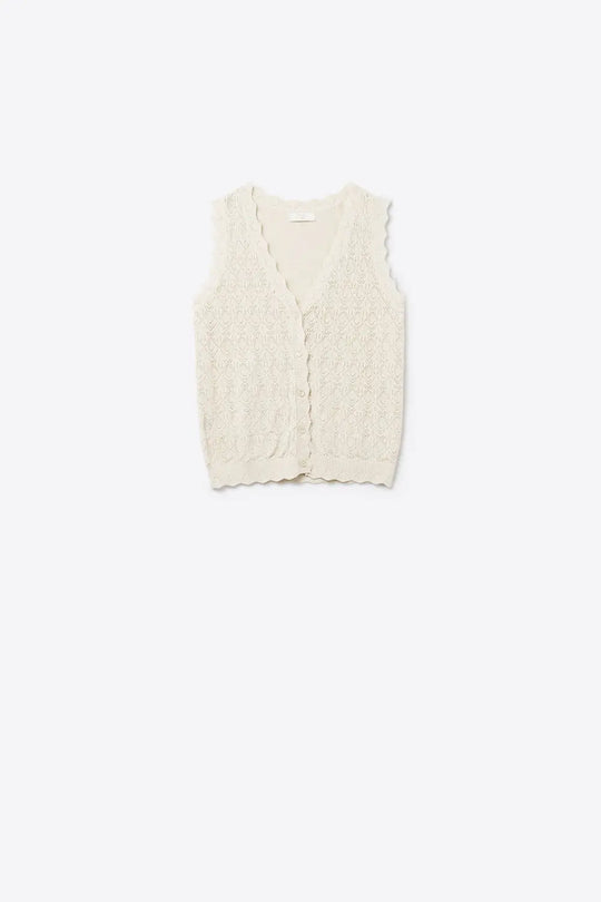 Pointelle Knitted Vest With Scalloped Edges in Beige - One Size / Beige - Sweaters