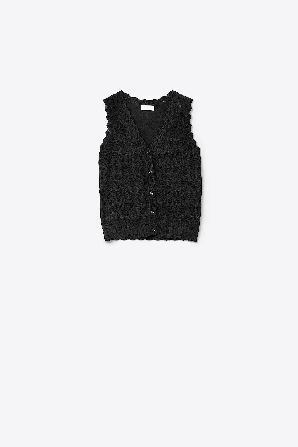 Q2 Pointelle Knitted Vest With Scalloped Edges in Black