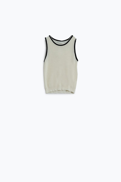 Pointelle White Sleeveless Top With Black and White Trim Detail