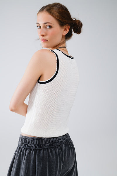 Pointelle White Sleeveless Top With Black and White Trim Detail