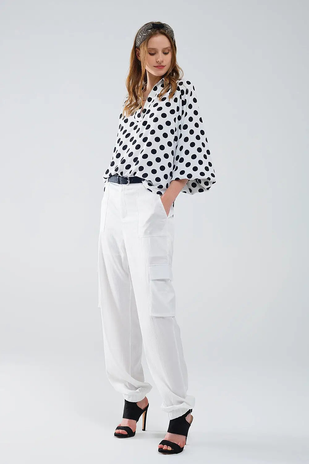 Polka dot blouse with V-neck and balloon sleeves - Shirts