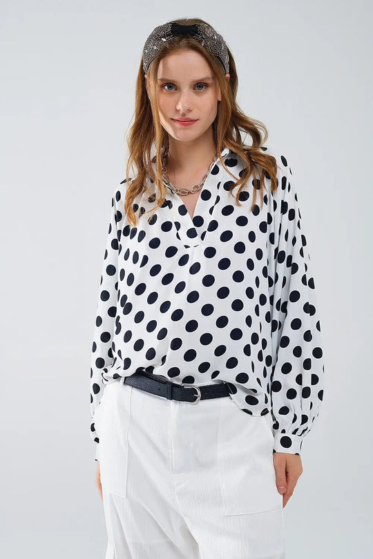 Polka dot blouse with V-neck and balloon sleeves - Shirts