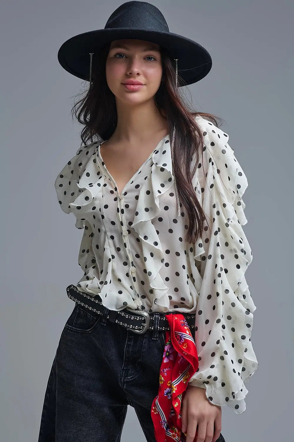 Q2 Polka Dot Button-Up chiffon Shirt with Ruffles