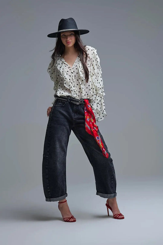 Polka Dot Button-Up chiffon Shirt with Ruffles - Shirts