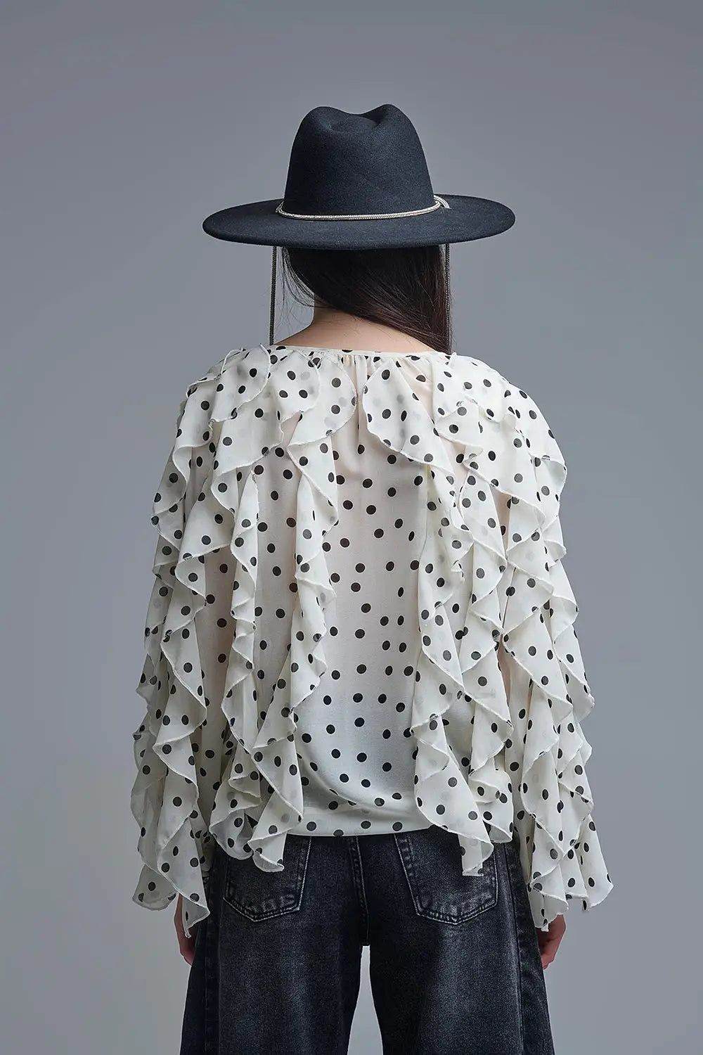 Polka Dot Button-Up chiffon Shirt with Ruffles - Shirts