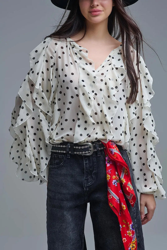 Polka Dot Button-Up chiffon Shirt with Ruffles - Shirts
