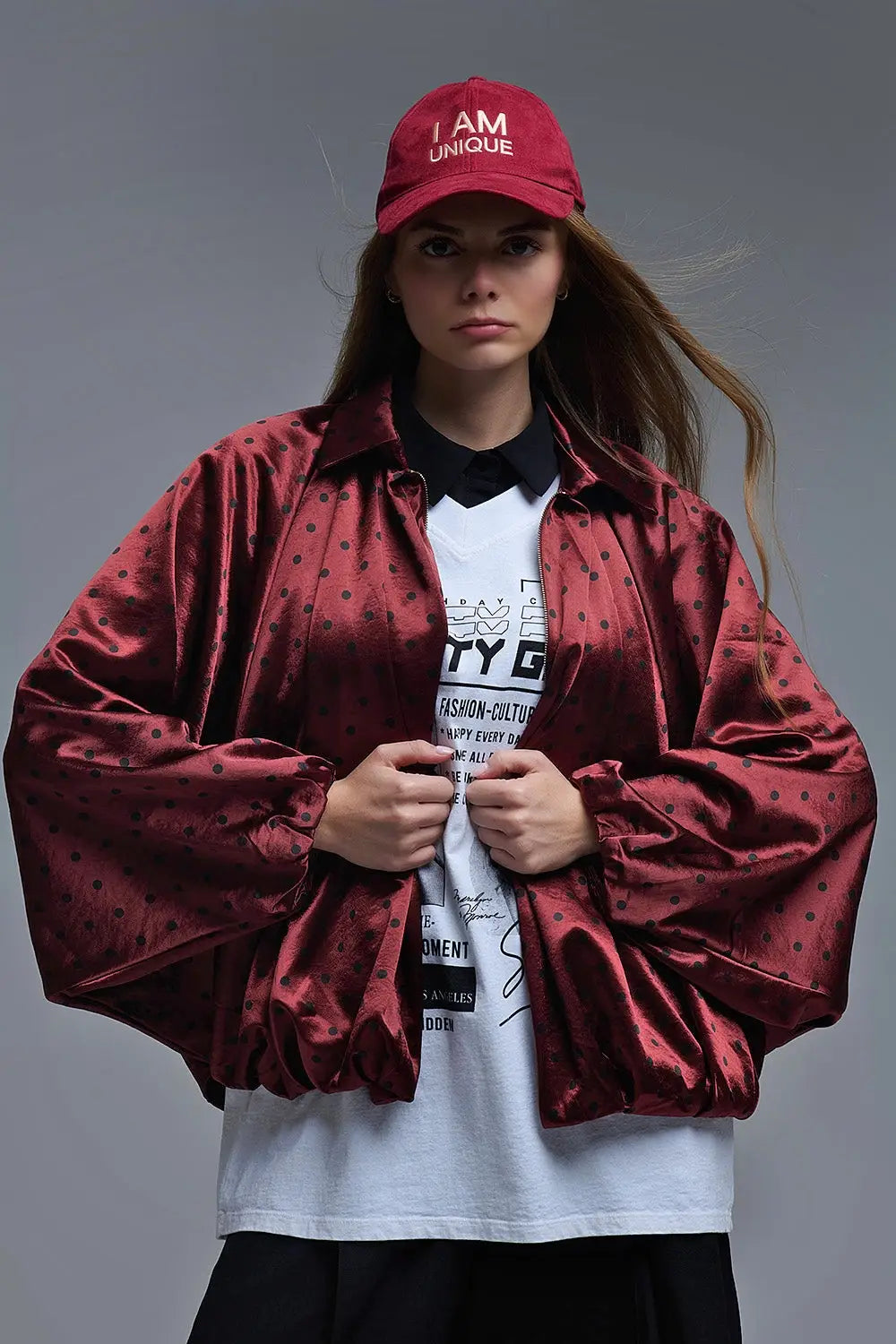 Q2 Polka Dot Satin Bommer Jacket in Burgundy