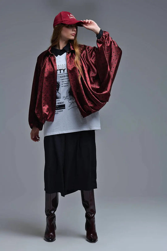 Polka Dot Satin Bommer Jacket in Burgundy - One Size / Red - Coats and Jackets