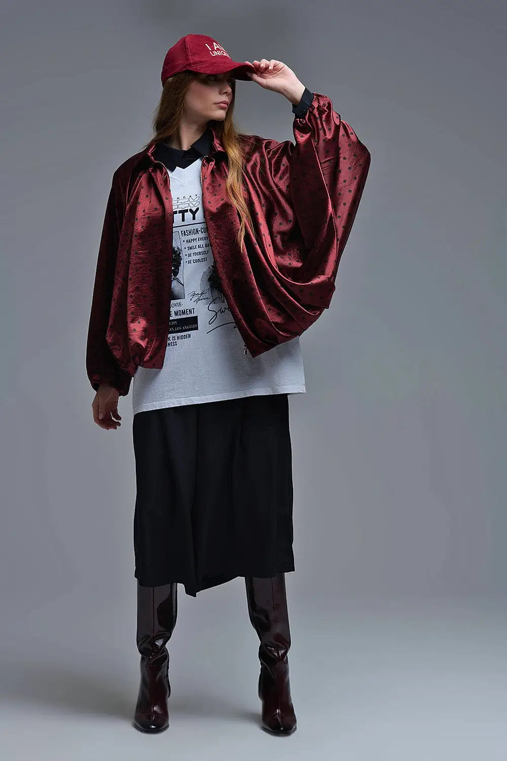 Polka Dot Satin Bommer Jacket in Burgundy - One Size / Red - Coats and Jackets