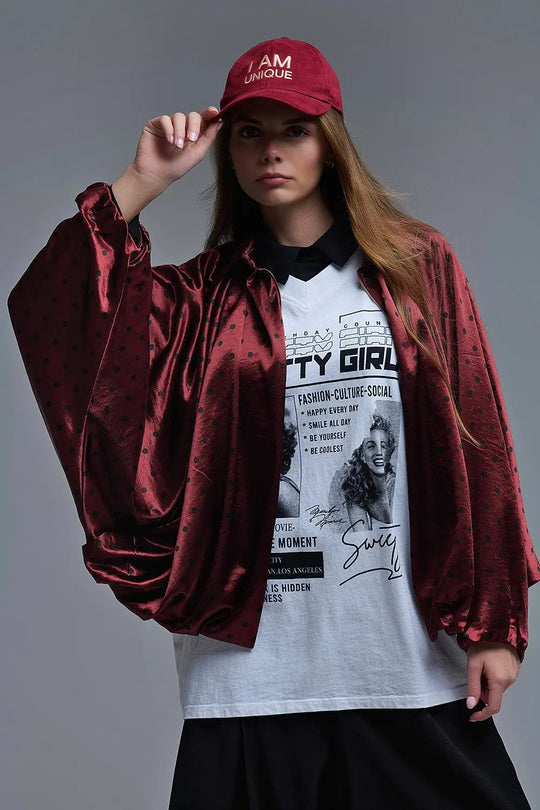 Polka Dot Satin Bommer Jacket in Burgundy - One Size / Red - Coats and Jackets