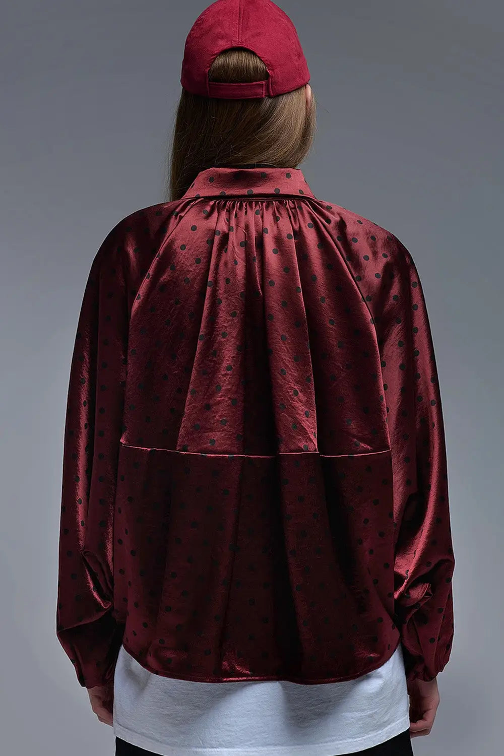 Polka Dot Satin Bommer Jacket in Burgundy - One Size / Red - Coats and Jackets